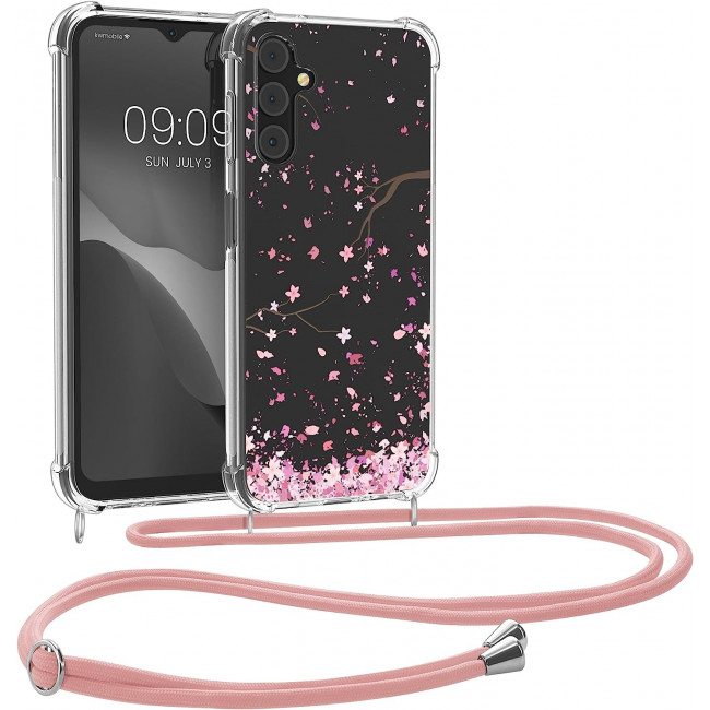 KW Samsung Galaxy A14 5G Θήκη Σιλικόνης TPU με Λουράκι - Design Cherry Blossoms - Pink / Dark Brown / Διάφανη - 61332.02