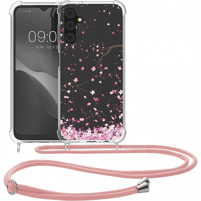 KW Samsung Galaxy A14 5G Θήκη Σιλικόνης TPU με Λουράκι - Design Cherry Blossoms - Pink / Dark Brown / Διάφανη - 61332.02