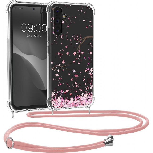 KW Samsung Galaxy A34 5G Θήκη Σιλικόνης TPU με Λουράκι - Design Cherry Blossoms - Pink / Dark Brown / Διάφανη - 61333.02