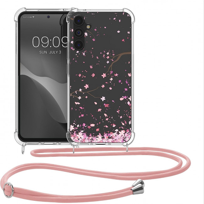 KW Samsung Galaxy A34 5G Θήκη Σιλικόνης TPU με Λουράκι - Design Cherry Blossoms - Pink / Dark Brown / Διάφανη - 61333.02