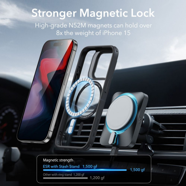 ESR iPhone 15 Pro Classic Kickstand Halolock MagSafe Σκληρή Θήκη με Πλαίσιο Σιλικόνης και Stand - Διάφανη / Black