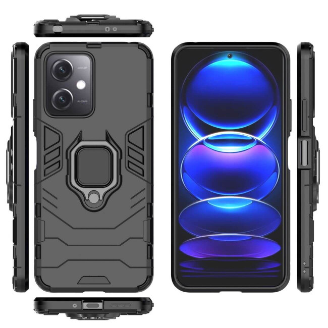 OEM Xiaomi Redmi Note 12 5G / Poco X5 5G Rugged Armor Σκληρή Θήκη Υψηλής Προστασίας με Πλαίσιο Σιλικόνης και Δαχτυλίδι Συγκράτησης - Black