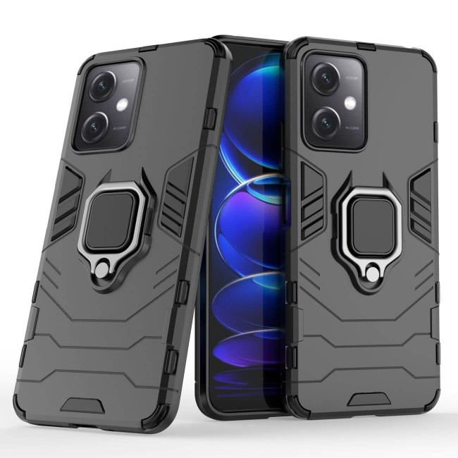 OEM Xiaomi Redmi Note 12 5G / Poco X5 5G Rugged Armor Σκληρή Θήκη Υψηλής Προστασίας με Πλαίσιο Σιλικόνης και Δαχτυλίδι Συγκράτησης - Black