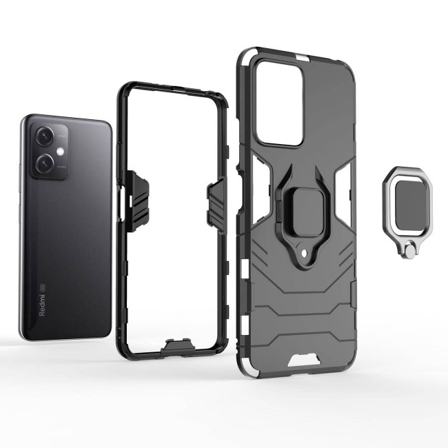 OEM Xiaomi Redmi Note 12 5G / Poco X5 5G Rugged Armor Σκληρή Θήκη Υψηλής Προστασίας με Πλαίσιο Σιλικόνης και Δαχτυλίδι Συγκράτησης - Black