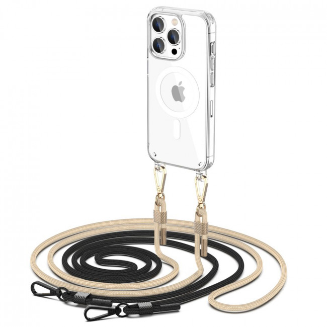 Tech-Protect iPhone 15 Pro Flexair Chain MagSafe Σκληρή Θήκη με Πλαίσιο Σιλικόνης και 2 Λουράκια - Διάφανη - Black / Beige