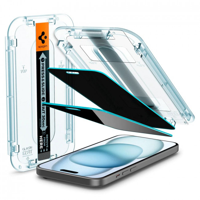 Spigen iPhone 15 / iPhone 16 Glas.TR Privacy EZ Fit 2.5D 9H Αντιχαρακτικό Γυαλί Οθόνης - 2 Τεμάχια - Clear / Black - AGL06905