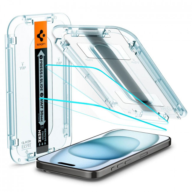 Spigen iPhone 15 / iPhone 16 Glas.TR EZ Fit 0.2mm 2.5D 9H Tempered Glass Αντιχαρακτικό Γυαλί Οθόνης - 2 Τεμάχια - Clear - AGL06903