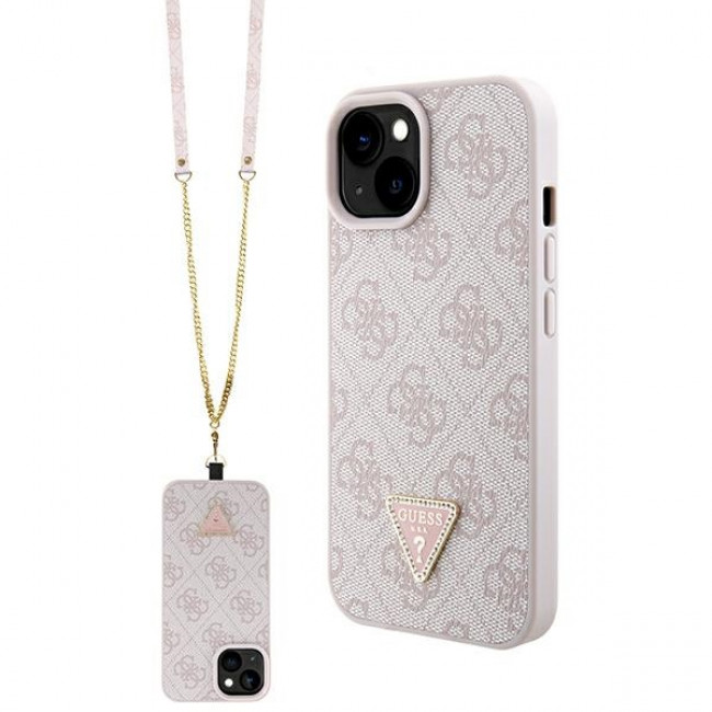 Guess iPhone 15 Plus - Crossbody 4G Metal Logo Θήκη με Επένδυση Συνθετικού Δέρματος και Λουράκι - Pink - GUHCP15MP4TDSCPP