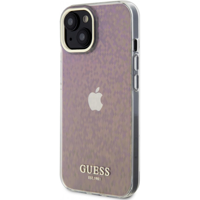 Guess iPhone 15 IML Faceted Mirror Disco Iridescent Σκληρή Θήκη με Πλαίσιο Σιλικόνης - Pink - GUHCP15SHDECMP