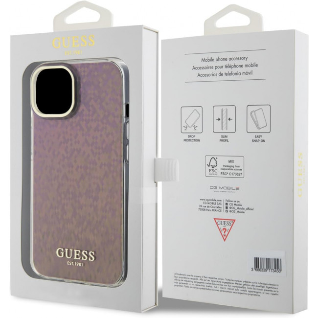 Guess iPhone 15 IML Faceted Mirror Disco Iridescent Σκληρή Θήκη με Πλαίσιο Σιλικόνης - Pink - GUHCP15SHDECMP