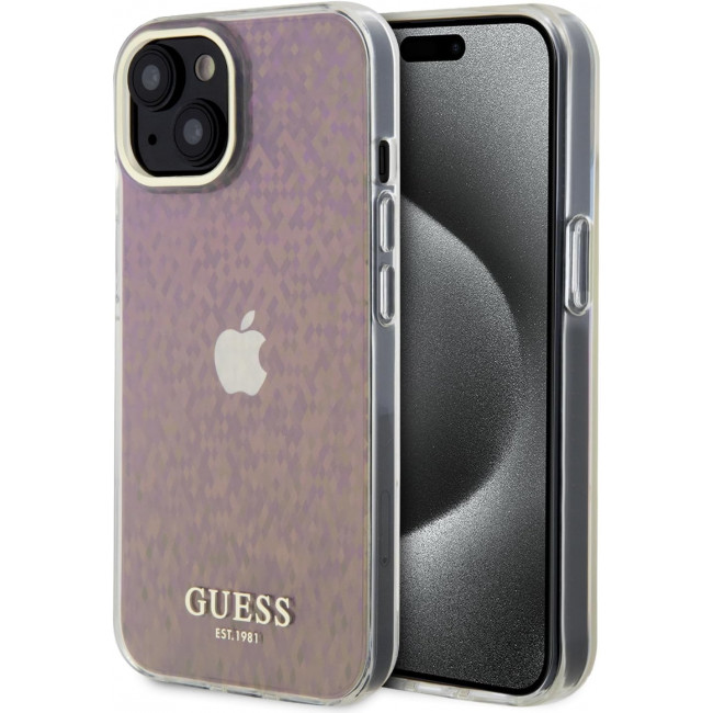 Guess iPhone 15 IML Faceted Mirror Disco Iridescent Σκληρή Θήκη με Πλαίσιο Σιλικόνης - Pink - GUHCP15SHDECMP