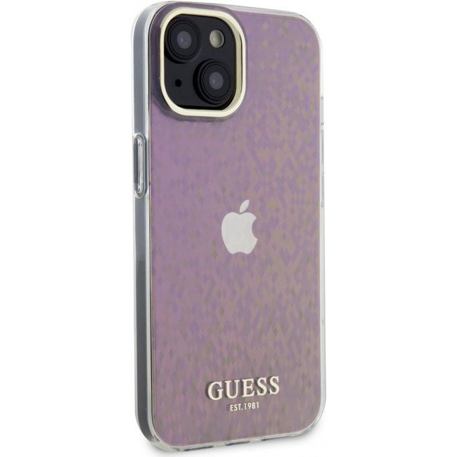 Guess iPhone 15 IML Faceted Mirror Disco Iridescent Σκληρή Θήκη με Πλαίσιο Σιλικόνης - Pink - GUHCP15SHDECMP