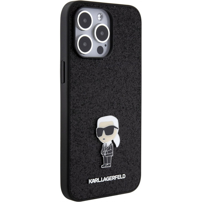 Karl Lagerfeld iPhone 15 Pro Max - Glitter Ikonik Logo Metal Logo Σκληρή Θήκη με Πλαίσιο Σιλικόνης - Black - KLHCP15XGKNPSK