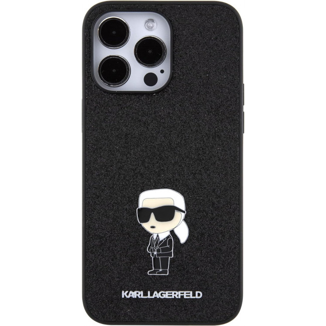 Karl Lagerfeld iPhone 15 Pro Max - Glitter Ikonik Logo Metal Logo Σκληρή Θήκη με Πλαίσιο Σιλικόνης - Black - KLHCP15XGKNPSK