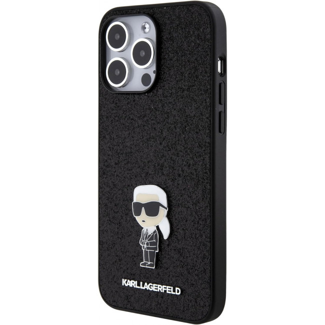 Karl Lagerfeld iPhone 15 Pro Max - Glitter Ikonik Logo Metal Logo Σκληρή Θήκη με Πλαίσιο Σιλικόνης - Black - KLHCP15XGKNPSK