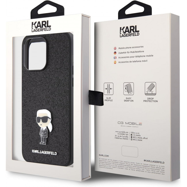 Karl Lagerfeld iPhone 15 Pro Max - Glitter Ikonik Logo Metal Logo Σκληρή Θήκη με Πλαίσιο Σιλικόνης - Black - KLHCP15XGKNPSK