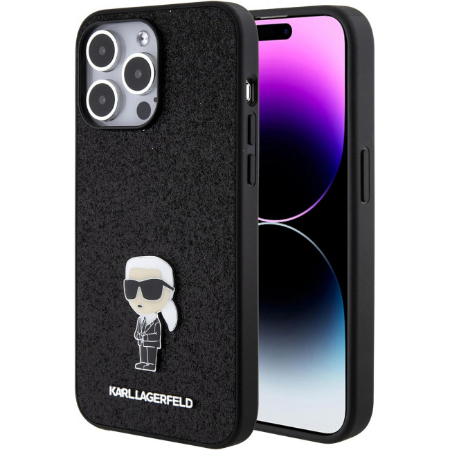 Karl Lagerfeld iPhone 15 Pro Max - Glitter Ikonik Logo Metal Logo Σκληρή Θήκη με Πλαίσιο Σιλικόνης - Black - KLHCP15XGKNPSK