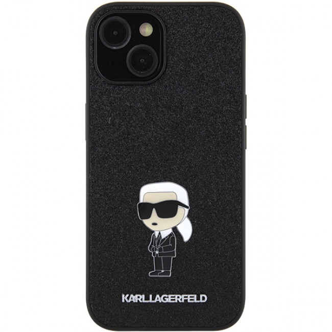 Karl Lagerfeld iPhone 15 - Glitter Ikonik Logo Metal Logo Σκληρή Θήκη με Πλαίσιο Σιλικόνης - Black - KLHCP15SGKNPSK