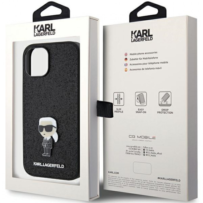 Karl Lagerfeld iPhone 15 - Glitter Ikonik Logo Metal Logo Σκληρή Θήκη με Πλαίσιο Σιλικόνης - Black - KLHCP15SGKNPSK