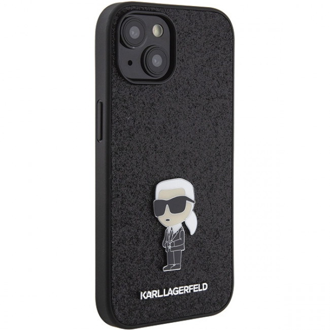 Karl Lagerfeld iPhone 15 - Glitter Ikonik Logo Metal Logo Σκληρή Θήκη με Πλαίσιο Σιλικόνης - Black - KLHCP15SGKNPSK