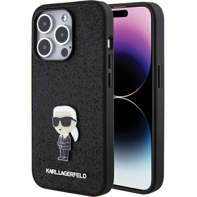 Karl Lagerfeld iPhone 15 Pro - Glitter Ikonik Logo Metal Logo Σκληρή Θήκη με Πλαίσιο Σιλικόνης - Black - KLHCP15LGKNPSK