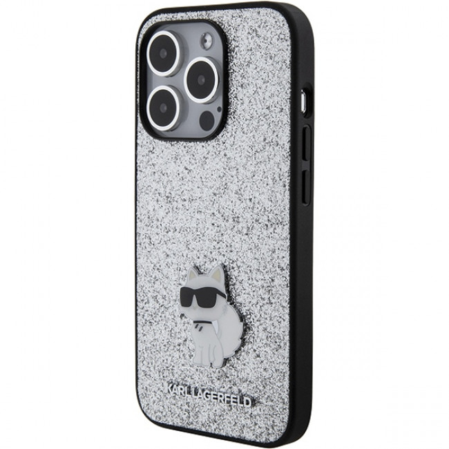 Karl Lagerfeld iPhone 15 Pro - Glitter Choupette Logo Metal Logo Σκληρή Θήκη με Πλαίσιο Σιλικόνης - Silver - KLHCP15LGCNPSG