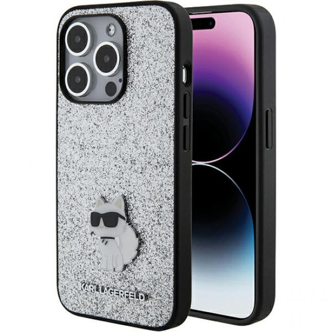 Karl Lagerfeld iPhone 15 Pro - Glitter Choupette Logo Metal Logo Σκληρή Θήκη με Πλαίσιο Σιλικόνης - Silver - KLHCP15LGCNPSG