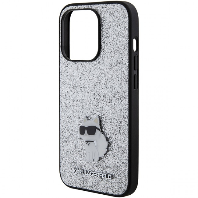 Karl Lagerfeld iPhone 15 Pro - Glitter Choupette Logo Metal Logo Σκληρή Θήκη με Πλαίσιο Σιλικόνης - Silver - KLHCP15LGCNPSG