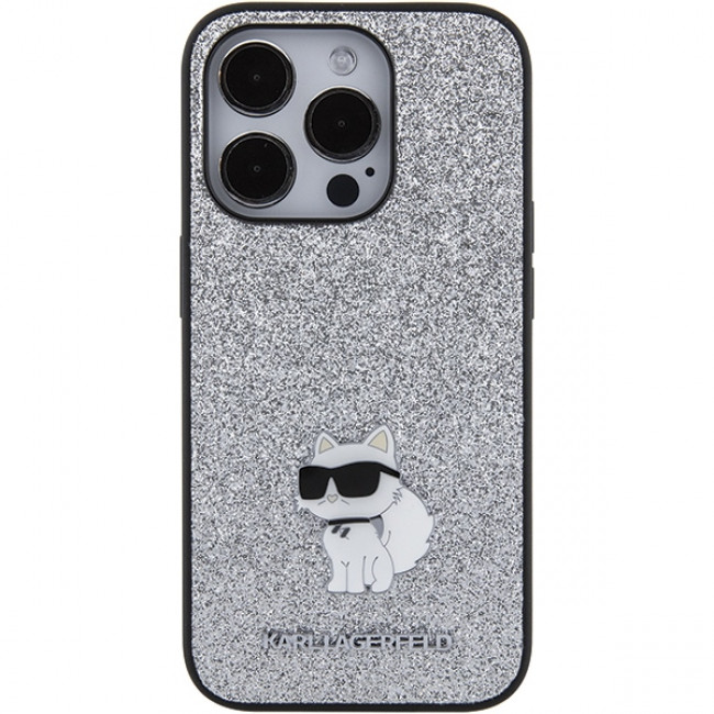 Karl Lagerfeld iPhone 15 Pro - Glitter Choupette Logo Metal Logo Σκληρή Θήκη με Πλαίσιο Σιλικόνης - Silver - KLHCP15LGCNPSG