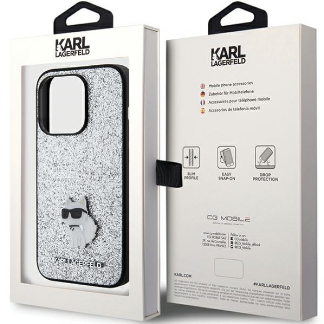 Karl Lagerfeld iPhone 15 Pro - Glitter Choupette Logo Metal Logo Σκληρή Θήκη με Πλαίσιο Σιλικόνης - Silver - KLHCP15LGCNPSG