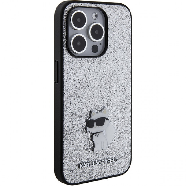 Karl Lagerfeld iPhone 15 Pro - Glitter Choupette Logo Metal Logo Σκληρή Θήκη με Πλαίσιο Σιλικόνης - Silver - KLHCP15LGCNPSG