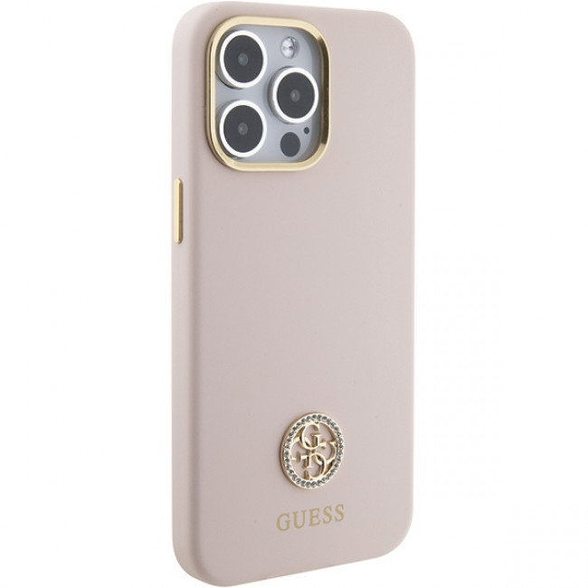 Guess iPhone 15 Pro Max Silicone Logo Strass 4G Σκληρή Θήκη με Πλαίσιο Σιλικόνης - Pink - GUHCP15XM4DGPP