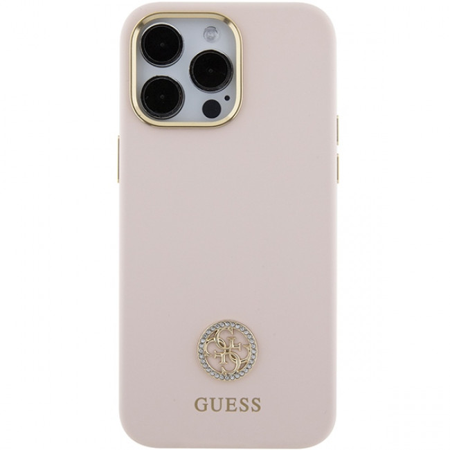 Guess iPhone 15 Pro Max Silicone Logo Strass 4G Σκληρή Θήκη με Πλαίσιο Σιλικόνης - Pink - GUHCP15XM4DGPP