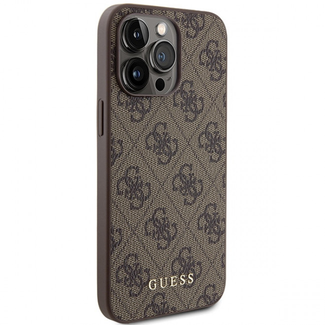 Guess iPhone 15 Pro Max - 4G Metal Gold Logo Σκληρή Θήκη με Επένδυση Συνθετικού Δέρματος - Brown - GUHCP15XG4GFBR