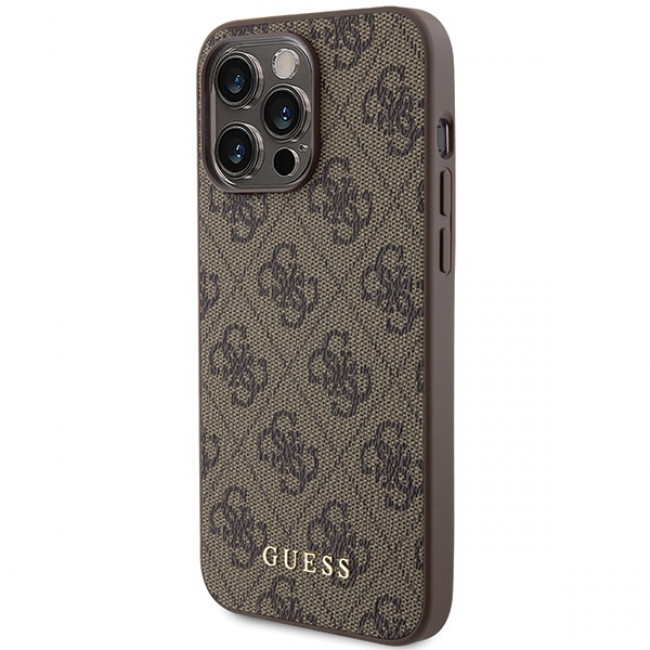 Guess iPhone 15 Pro Max - 4G Metal Gold Logo Σκληρή Θήκη με Επένδυση Συνθετικού Δέρματος - Brown - GUHCP15XG4GFBR