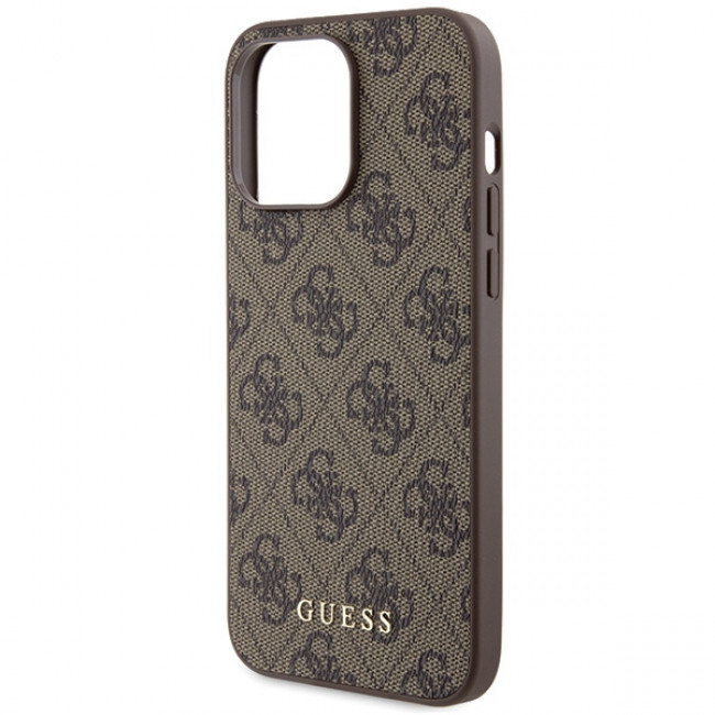 Guess iPhone 15 Pro Max - 4G Metal Gold Logo Σκληρή Θήκη με Επένδυση Συνθετικού Δέρματος - Brown - GUHCP15XG4GFBR