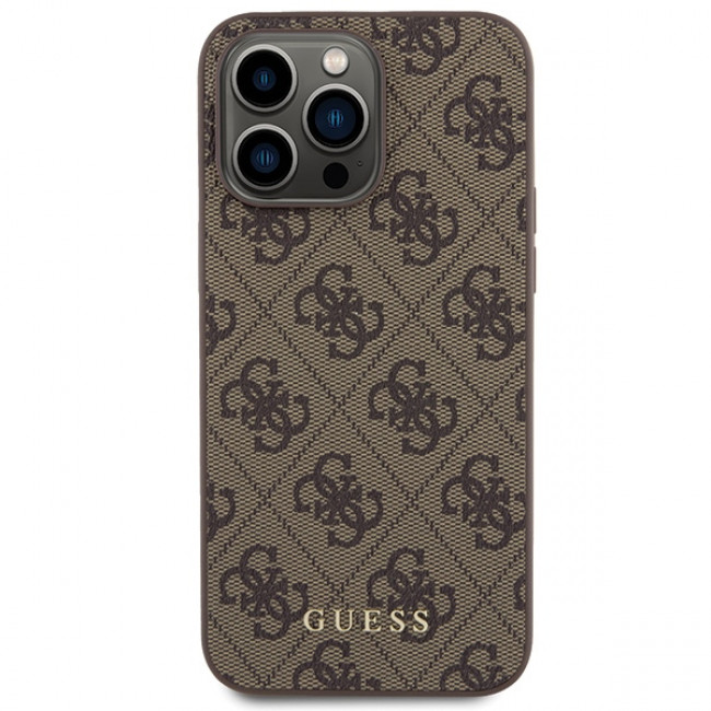 Guess iPhone 15 Pro Max - 4G Metal Gold Logo Σκληρή Θήκη με Επένδυση Συνθετικού Δέρματος - Brown - GUHCP15XG4GFBR