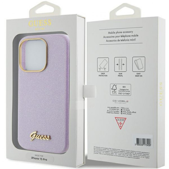 Guess iPhone 15 Pro Glitter Glossy Script Θήκη Σιλικόνης - Lilac - GUHCP15LPGMCSL