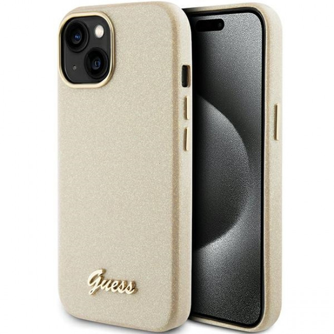 Guess iPhone 15 Glitter Glossy Script Θήκη Σιλικόνης - Gold / Light Gold - GUHCP15SPGMCSD