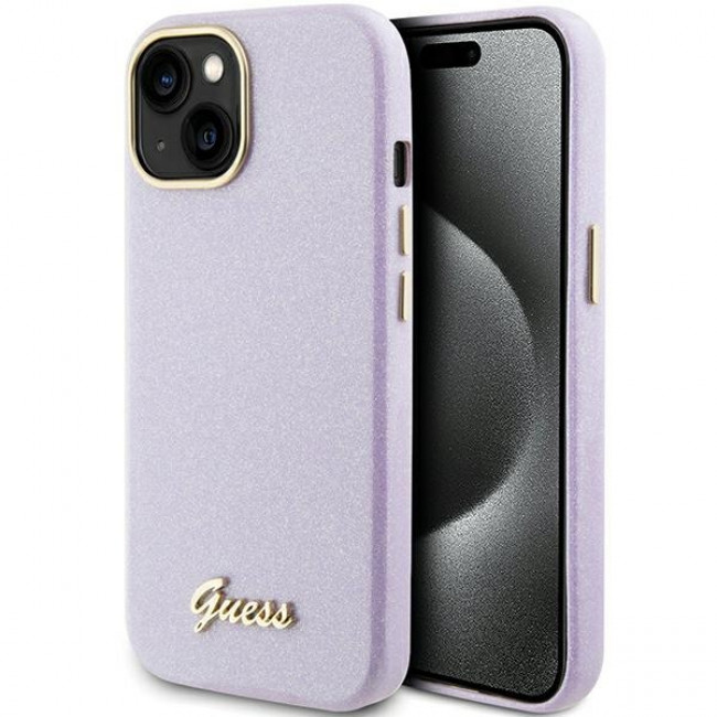 Guess iPhone 15 Glitter Glossy Script Θήκη Σιλικόνης - Lilac - GUHCP15SPGMCSL