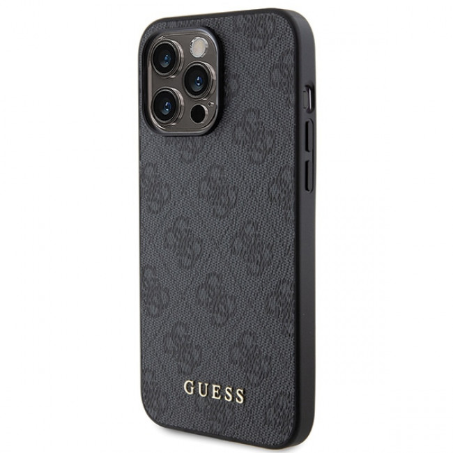 Guess iPhone 15 Pro - 4G Metal Gold Logo Σκληρή Θήκη με Επένδυση Συνθετικού Δέρματος - Grey - GUHCP15LG4GFGR