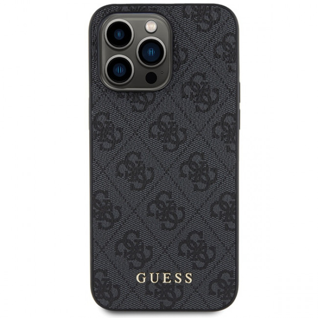 Guess iPhone 15 Pro - 4G Metal Gold Logo Σκληρή Θήκη με Επένδυση Συνθετικού Δέρματος - Grey - GUHCP15LG4GFGR