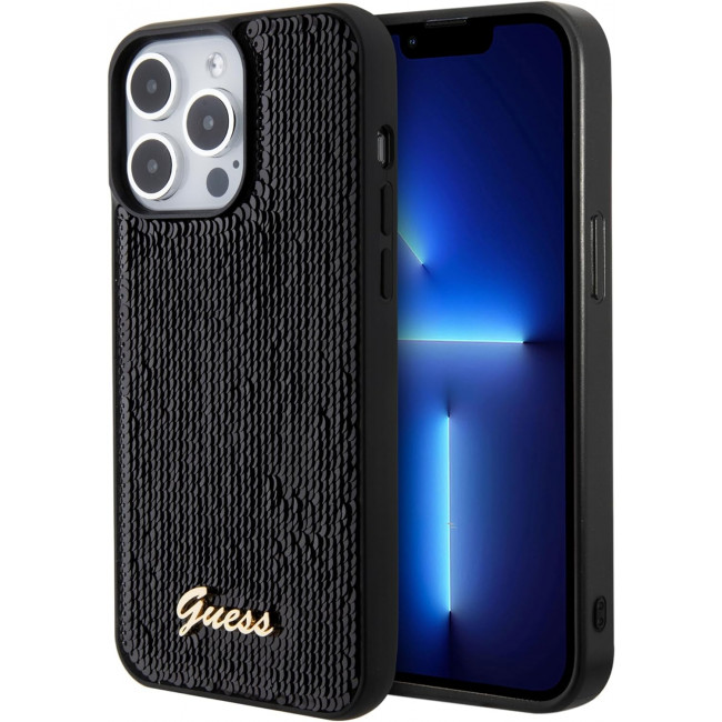 Guess iPhone 15 Pro - Sequin Script Metal Σκληρή Θήκη με Επένδυση από Παγέτες - Black - GUHCP15LPSFDGSK