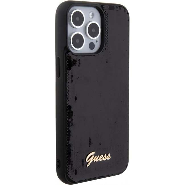 Guess iPhone 15 Pro - Sequin Script Metal Σκληρή Θήκη με Επένδυση από Παγέτες - Black - GUHCP15LPSFDGSK