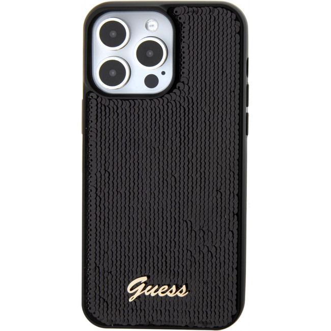 Guess iPhone 15 Pro - Sequin Script Metal Σκληρή Θήκη με Επένδυση από Παγέτες - Black - GUHCP15LPSFDGSK