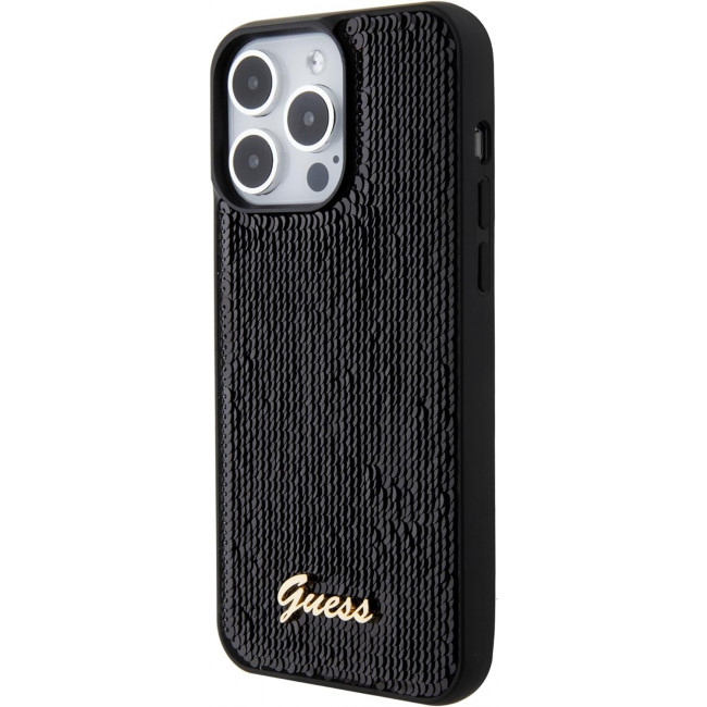 Guess iPhone 15 Pro - Sequin Script Metal Σκληρή Θήκη με Επένδυση από Παγέτες - Black - GUHCP15LPSFDGSK