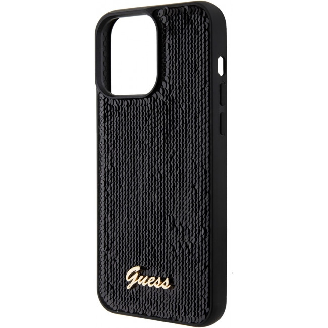 Guess iPhone 15 Pro - Sequin Script Metal Σκληρή Θήκη με Επένδυση από Παγέτες - Black - GUHCP15LPSFDGSK