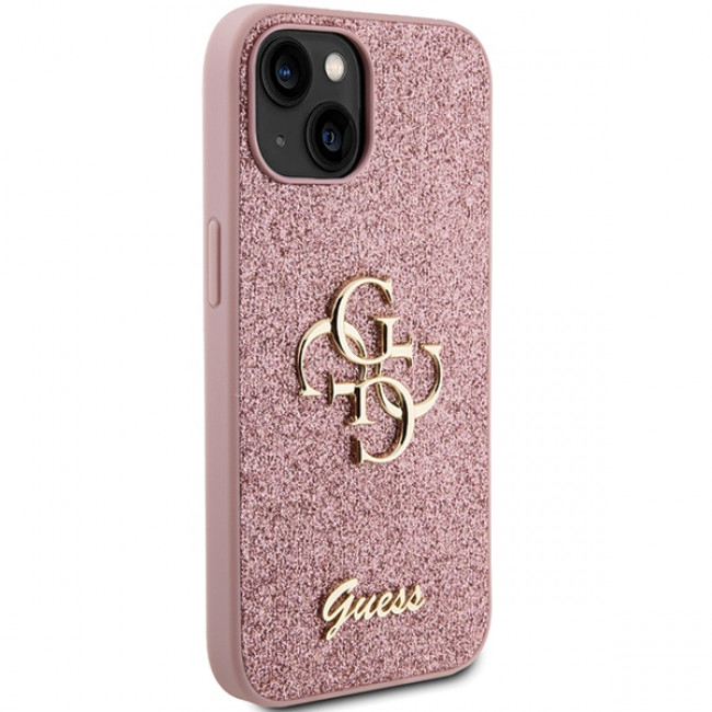 Guess iPhone 15 Plus Glitter Script Big 4G Σκληρή Θήκη με Πλαίσιο Σιλικόνης - Pink - GUHCP15MHG4SGP