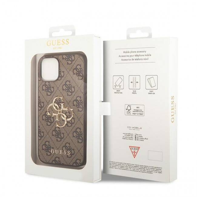 Guess iPhone 15 Plus - 4G Big Metal Logo Θήκη με Επένδυση Συνθετικού Δέρματος - Brown - GUHCP15M4GMGBR