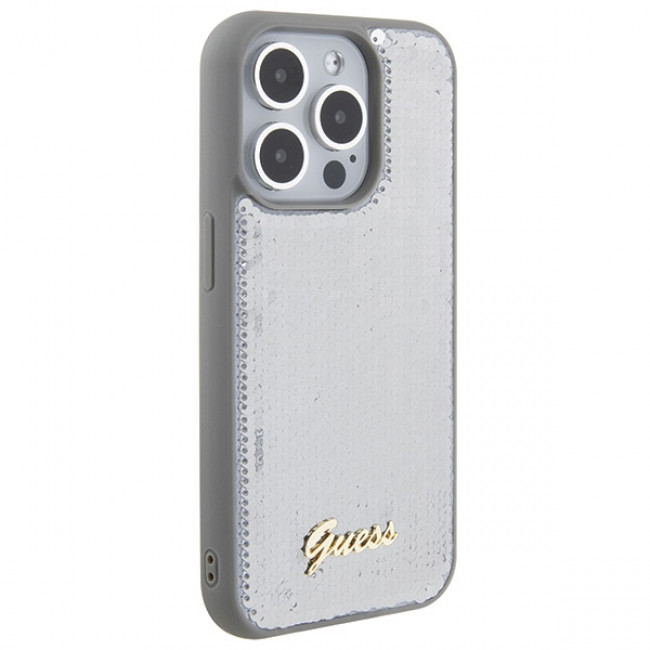 Guess iPhone 15 Pro - Sequin Script Metal Σκληρή Θήκη με Επένδυση από Παγέτες - Silver - GUHCP15LPSFDGSS